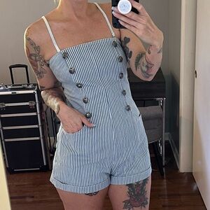 Vintage Betsey Johnson romper engineer blue and white striped size 8